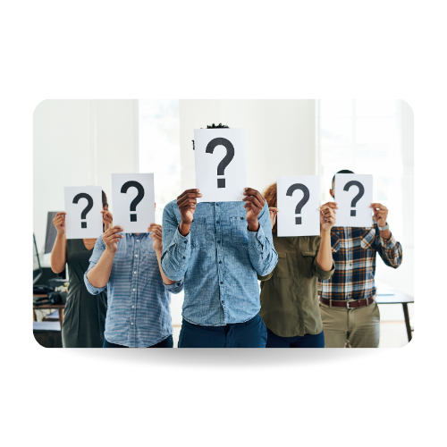 Five people standing and covering their faces with an interrogation mark